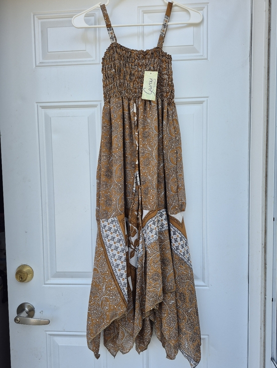 Dresses & Skirts - Brown Paisley Hippie Boho Bohemian Recycled Sari Silk Patchwork Midi Dress Small